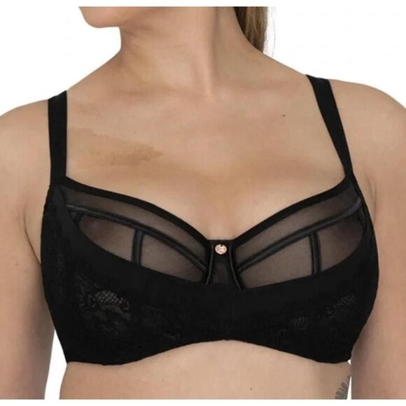 Scantilly 38K peek a boo lace Bra NWT Black Plunge Sheer Strappy Sexy Elegant - Picture 1 of 14